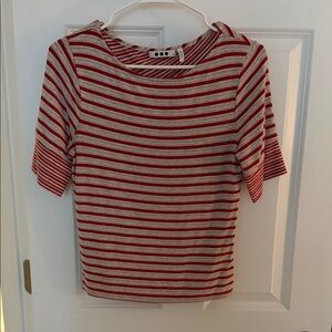 Three Dots Red and Gray Striped Short Sleeve Top